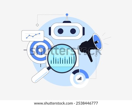 AI-Powered Predictive Analytics in Marketing. Predict consumer trends using AI for better digital marketing decisions. Vector illustration of marketing dashboard with AI graphs and future trends