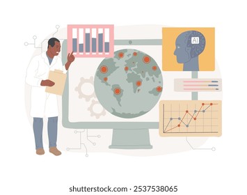 Abstrakte Konzept-Vektorgrafik der KI-gestützten Analyse von Krankheitsausbrüchen. Gesundheitswesen. Vorhersage von Epidemien, Analyse von Daten über Krankheitsausbrüche und Muster. KI-Technologie. abstrakte Metapher.