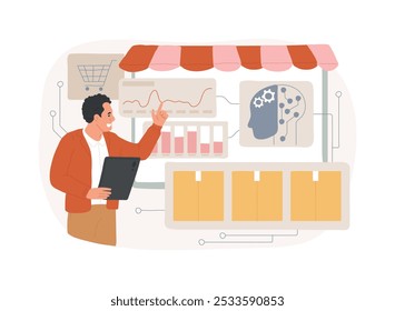 Ilustração de vetor de conceito abstrato de estoque preditivo alimentado por IA. Comércio eletrônico. Preveja a demanda de produtos e otimize os níveis de estoque usando a análise de IA. Tecnologia AI. metáfora abstrata.