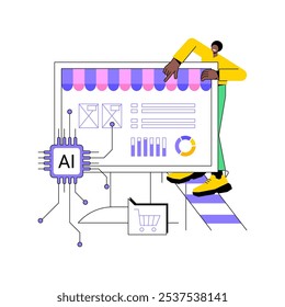 Ilustração de vetor de conceito abstrato de estoque preditivo alimentado por IA. Comércio eletrônico. Preveja a demanda de produtos e otimize os níveis de estoque usando a análise de IA. Tecnologia AI. metáfora abstrata.