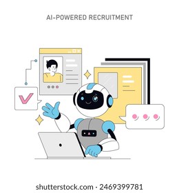 AI-Powered Recruitment concept. Robot analyzing candidate profiles for hiring. Automation in talent acquisition and HR technology. Vector illustration.