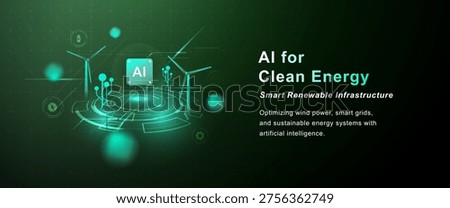 AI-powered renewable energy concept with smart grid, wind turbines and digital interface. Sustainable technology, clean energy systems and intelligent infrastructure innovation.