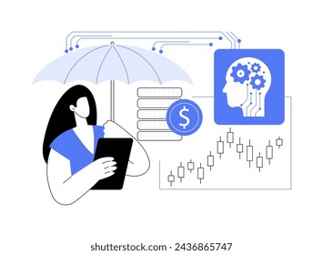 Ilustración vectorial de concepto abstracto de estrategias de gestión de riesgos impulsadas por IA. Finanzas y Contabilidad. Identificar y mitigar los riesgos financieros y operativos utilizando la tecnología de IA. metáfora abstracta.