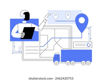 ILUSTRACIÓN VECTORIAL abstracta de concepto de optimización de rutas impulsada por IA. Transporte y Logística. Eficiencia logística, optimización de los plazos de entrega con Tecnología de IA. metáfora abstracta.