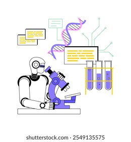 Ilustração vetorial de conceito abstrato de Descoberta Científica Alimentada por IA. Investigação e desenvolvimento. Algoritmos de IA que analisam dados e padrões, medicina e ciência. Tecnologia AI. metáfora abstrata.