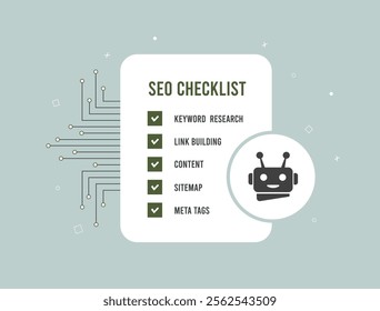 AI-powered SEO checklist with automated tools for website optimization. Includes keyword research and ranking analysis for improved search engine visibility and web performance. Vector illustration