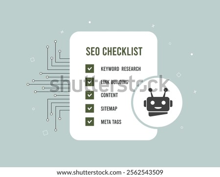 AI-powered SEO checklist with automated tools for website optimization. Includes keyword research and ranking analysis for improved search engine visibility and web performance. Vector illustration