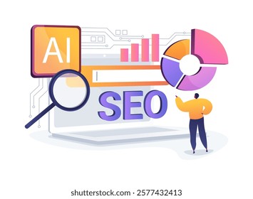 AI-Powered SEO Optimization abstract concept vector illustration. AI suggesting keywords, improve search rankings, optimize SEO strategies, content optimization, web visibility abstract metaphor.