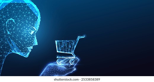 AI-powered shopping concept with robotic head holding shopping cart on dark blue backround. E-commerce innovation, smart retail, digital marketplace, automated solutions. Abstract vector illustration