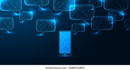 Concepto de mensajería para smartphones con IA, dispositivo móvil poligonal brillante y burbujas de chat. Estilo futurista de baja poli para comunicación, medios digitales, temas de interfaz tecnológica. Ilustración vectorial