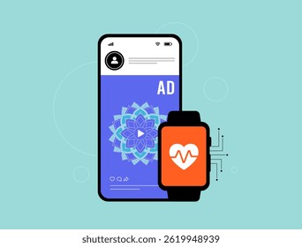AI-powered smartwatch detects stress and delivers real-time personalized wellness ads via apps, combining health data, wearables and marketing tech. Vector illustration and icons