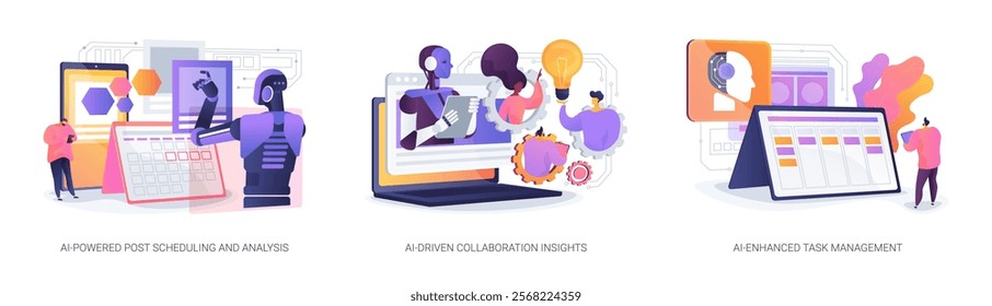 AI-Powered soft and applications abstract concept vector illustration set. AI-Powered Post Scheduling and Analysis, AI-Driven Collaboration Insights, AI-Enhanced Task Management abstract metaphor.