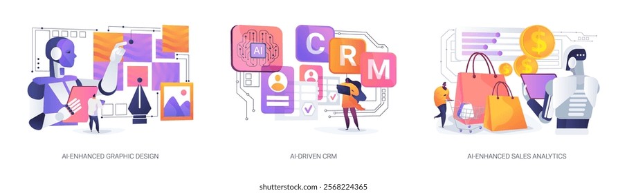 AI-powered software abstract concept vector illustration set. AI-Enhanced Graphic Design, AI-Driven CRM and Sales Analytics, visual content creation, customer engagement abstract metaphor.