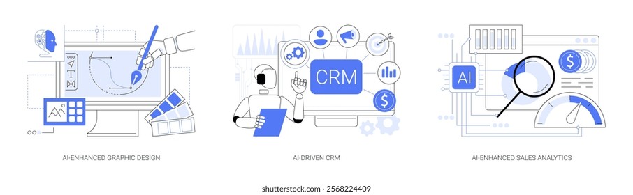 AI-powered software abstract concept vector illustration set. AI-Enhanced Graphic Design, AI-Driven CRM and Sales Analytics, visual content creation, customer engagement abstract metaphor.