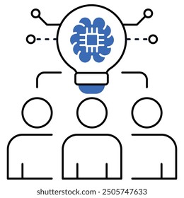 AI-powered team collaboration icon with a lightbulb and group of people, symbolizing AI-driven teamwork, innovation, and collective intelligence.