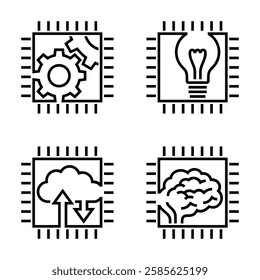 AI-powered technologies and innovations - CPU icon with gears, lightbulb, cloud and brain inside. Pictograms set in bold line - Powered by Shutterstock - Get 15% off with code: PIKWIZARD15