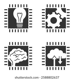 AI-powered technologies and innovations - CPU icon with gears, lightbulb, cloud and brain inside. Pictograms set in monochrome style