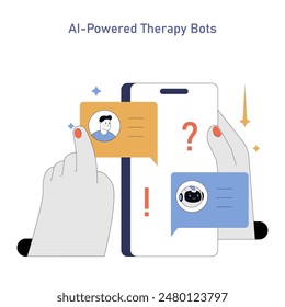 AI-Powered Therapy Bots concept. Illustrating interaction with artificial intelligence for mental health support. Human and robot engaging in conversation. Vector illustration.