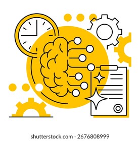 AI-powered time management Technologies. Business Boosting Using AI. Geometric decoration in thin line and yellow color. 