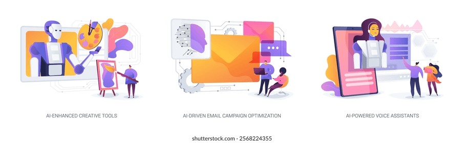 AI-powered tools and apps abstract concept vector illustration set. AI-Enhanced Creative Tools, AI-Driven Email Campaign Optimization and marketing tools, AI-Powered Voice Assistant abstract metaphor.