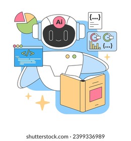 AI-powered virtual assistant analyses data and codes. Active in programming tasks, exploring charts, and reading materials. Skillful in multitasking ensuring seamless workflow. vector illustration.