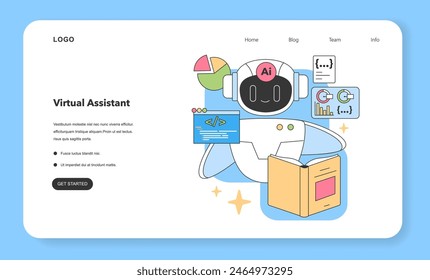 AI-powered virtual assistant analyses data and codes. Active in programming tasks, exploring charts, and reading materials. Skillful in multitasking ensuring seamless workflow. vector illustration.