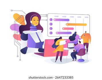 Ilustração vetorial de conceito abstrato dos assistentes de escritório virtuais com base em IA. Os assistentes de IA gerenciam tarefas de trabalho remotas, como agendamento e priorização de tarefas.