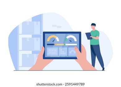 AI-powered warehouse management system displaying real-time logistics data. A digital dashboard showcases inventory tracking, automated order processing, and smart analytics.