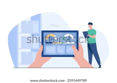 AI-powered warehouse management system displaying real-time logistics data. A digital dashboard showcases inventory tracking, automated order processing, and smart analytics.