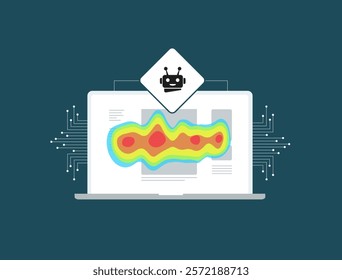 AI-Powered Website Heatmap Analysis. Analyze website heatmaps with automatic seo AI agent to understand user interactions. Heatmap highlighting hotspots on webpage. Flat design vector illustration
