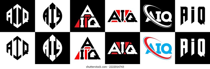 AIQ letter logo design in six style. AIQ polygon, circle, triangle, hexagon, flat and simple style with black and white color variation letter logo set in one artboard. AIQ minimalist and classic logo