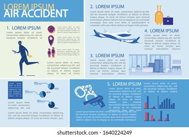 Air Accident or Aviation Disasters Infographic Elements Set. Airplane Crashes, Terror or Criminal Attacks and Baggage Theft. Insurance Cases or Aircraft Safety Presentation. Flat Vector Illustration.