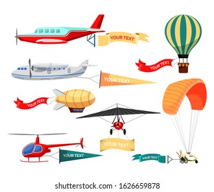 Air advertisements flat vector illustrations set. Various flying transport, aircrafts with marketing banners. Hot air balloon, airplane, airship and helicopter with promotional ribbons with text space