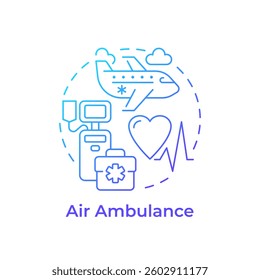 Air ambulance blue gradient concept icon. Critical care aircraft for patients. Medical transportation service. Round shape line illustration. Abstract idea. Graphic design. Easy to use in presentation