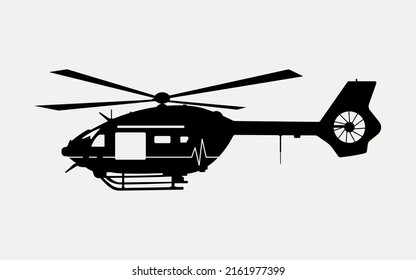 Air Ambulance Helicopter Silhouette, Medical Services Aircraft Vector Illustration.