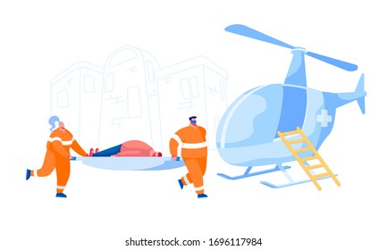 Air Ambulance Service Concept. Medic Characters Carry Stretcher with Injured Man Patient. Emergency Paramedic Doctors Work, Medical Staff Occupation, Health Care. Cartoon People Vector Illustration