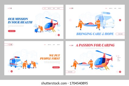 Air Ambulance Service Landing Page Template Set. Medic Characters Carry Stretcher with Injured Man Patient. Emergency Paramedic Doctors, Medical Staff Health Care. Cartoon People Vector Illustration