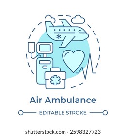 Air ambulance soft blue concept icon. Critical care aircraft for patients. Medical transportation service. Round shape line illustration. Abstract idea. Graphic design. Easy to use in presentation