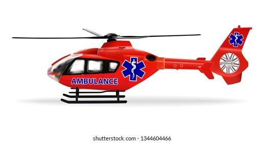 An air ambulance is a specially outfitted helicopter for emergency transportation of sick or wounded people. Red medical helicopter with ambulance emblem. Isolated object. Vector illustration.