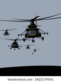 Air assault. A group of combat helicopters is approaching. Vector image for prints, poster and illustrations.