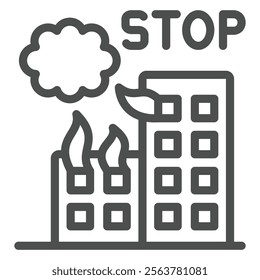 Air attack with broken buildings line icon, top war concept. Vector graphics. Smoke cloud, fire flame at destroyed home houses sign on white background, outline style icon for mobile or web