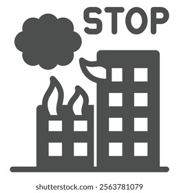 Air attack with broken buildings solid icon, top war concept. Vector graphics. Smoke cloud, fire flame at destroyed home houses sign on white background, glyph style icon for mobile or web