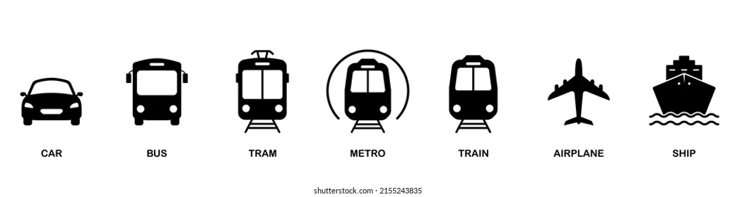 Air  Auto  Railway Transport Silhouette Icon Set  Stop Station Sign for Public Transport Glyph Pictogram  Car  Bus  Tram  Train  Metro  Plane  Ship Icon in Front View  Isolated Vector Illustration 