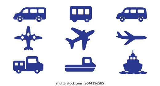 Ar, Auto, Transporte Ferroviário Silhueta Ícone Set. Sinal de parada da estação para pictograma de glifo de transporte público. Carro, ônibus, bonde, trem, metrô, avião, ícone de navio na visão frontal. Ilustração de vetor isolada