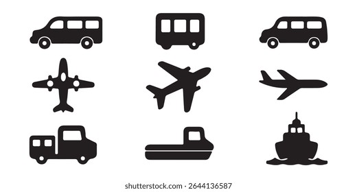 Ar, Auto, Transporte Ferroviário Silhueta Ícone Set. Sinal de parada da estação para pictograma de glifo de transporte público. Carro, ônibus, bonde, trem, metrô, avião, ícone de navio na visão frontal. Ilustração de vetor isolada