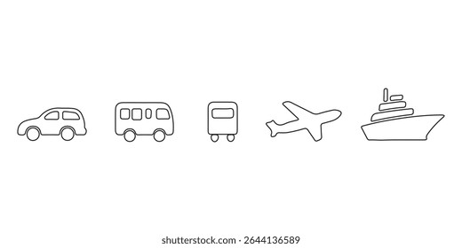 Ar, Auto, Transporte Ferroviário Silhueta Ícone Set. Sinal de parada da estação para pictograma de glifo de transporte público. Carro, ônibus, bonde, trem, metrô, avião, ícone de navio na visão frontal. Ilustração de vetor isolada