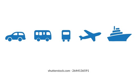 Ar, Auto, Transporte Ferroviário Silhueta Ícone Set. Sinal de parada da estação para pictograma de glifo de transporte público. Carro, ônibus, bonde, trem, metrô, avião, ícone de navio na visão frontal. Ilustração de vetor isolada