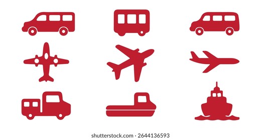 Ar, Auto, Transporte Ferroviário Silhueta Ícone Set. Sinal de parada da estação para pictograma de glifo de transporte público. Carro, ônibus, bonde, trem, metrô, avião, ícone de navio na visão frontal. Ilustração de vetor isolada