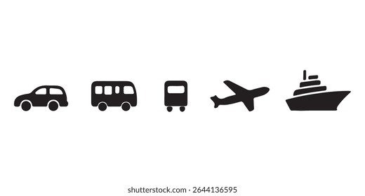 Ar, Auto, Transporte Ferroviário Silhueta Ícone Set. Sinal de parada da estação para pictograma de glifo de transporte público. Carro, ônibus, bonde, trem, metrô, avião, ícone de navio na visão frontal. Ilustração de vetor isolada