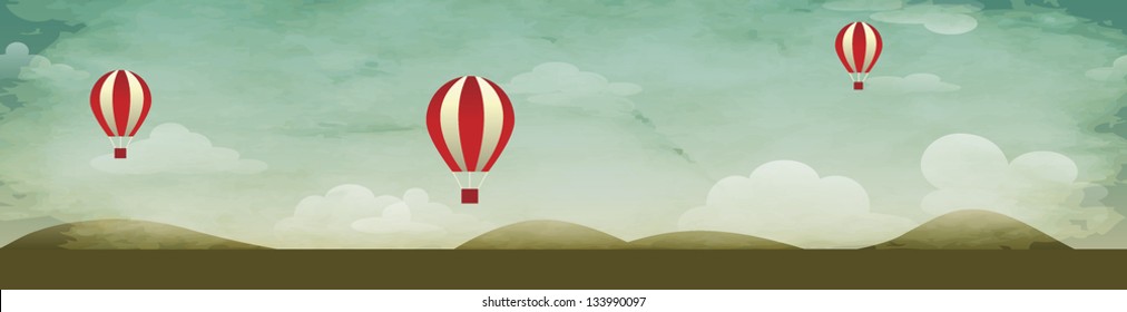 Air Background Header, with hot air balloons and rolling hills